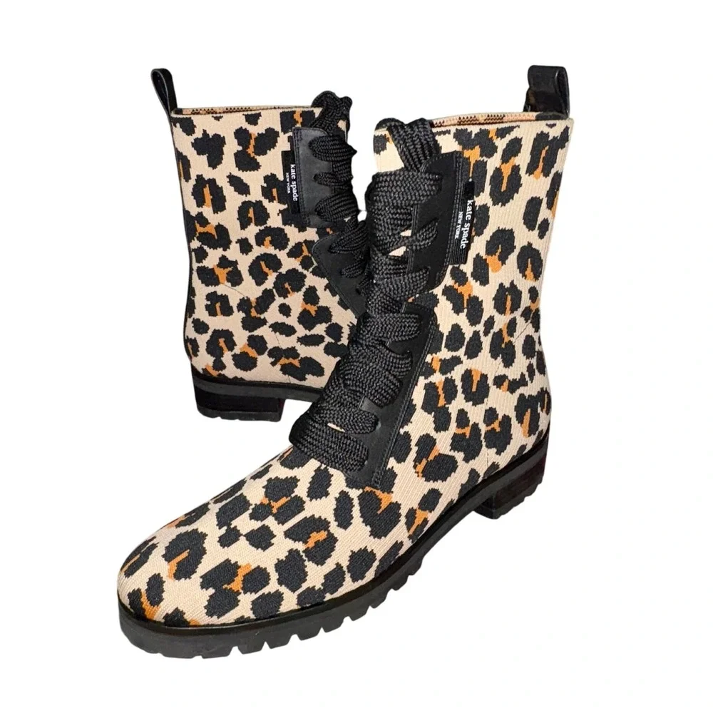 Kate Spade‎ Merigue Boots 9.5 Knit Leather Leopard Lace Up boots NEW